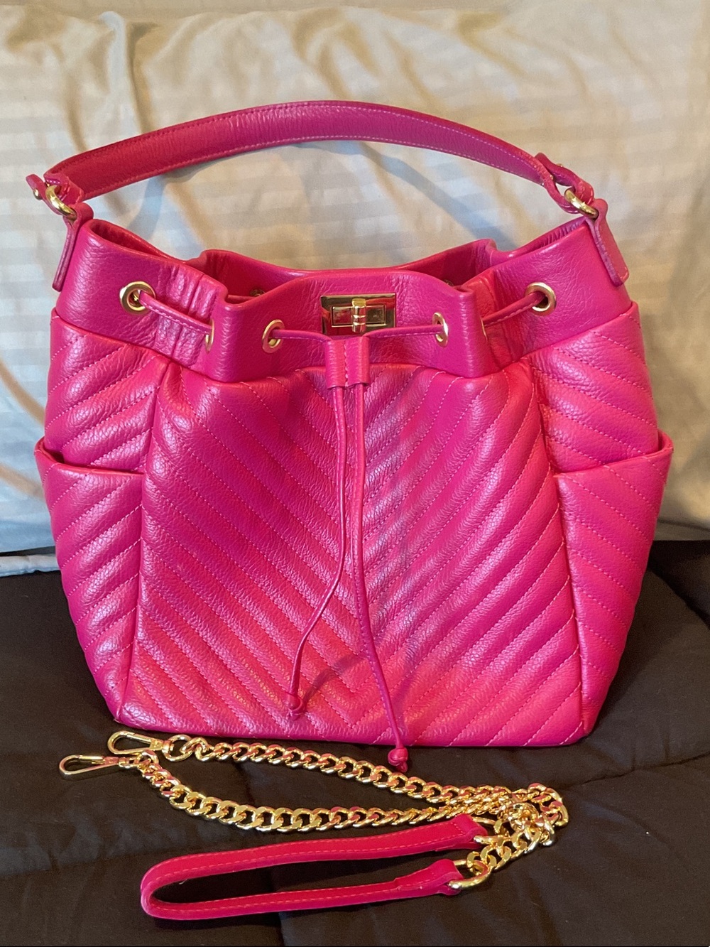 Hot Pink Quilted Drawstring Bucket Bag Made In Italy